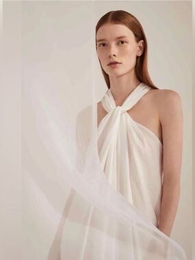 Vince Italian Cotton White Twist Front Halter Midi Dress M